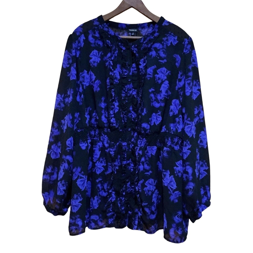 Torrid‎ Black Blue Floral Blouse Ruffle Placket Sz 5 Whimsigoth Witchy Victorian